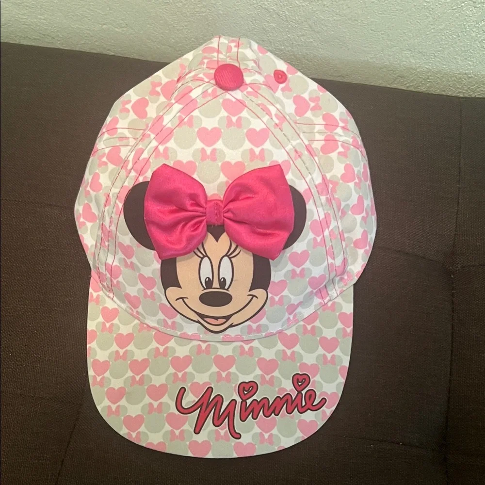 #9560+ Disney Minnie Mouse Hat with 3 D Bow/ Pink and White Hearts - Picture 1 of 8